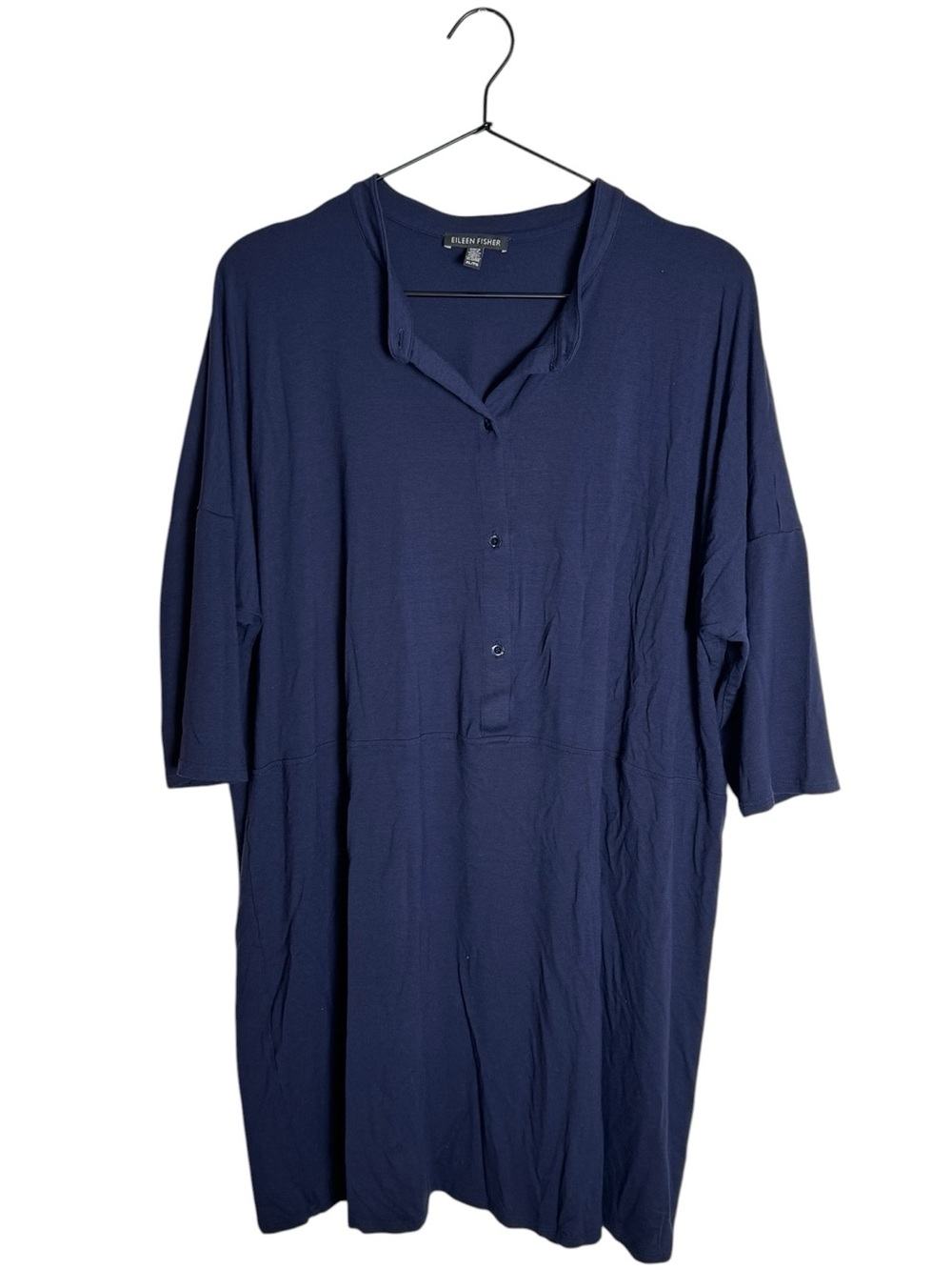 Eileen Fisher Navy Blue Viscose Jersey Henley Shirt Dress XL
